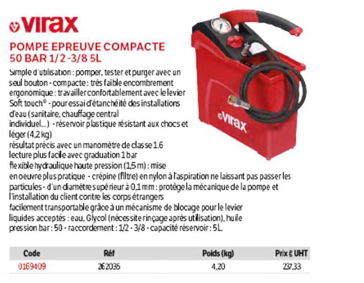 pompe épreuve compacte 50 bar 1-2 - 3-8 5l virax