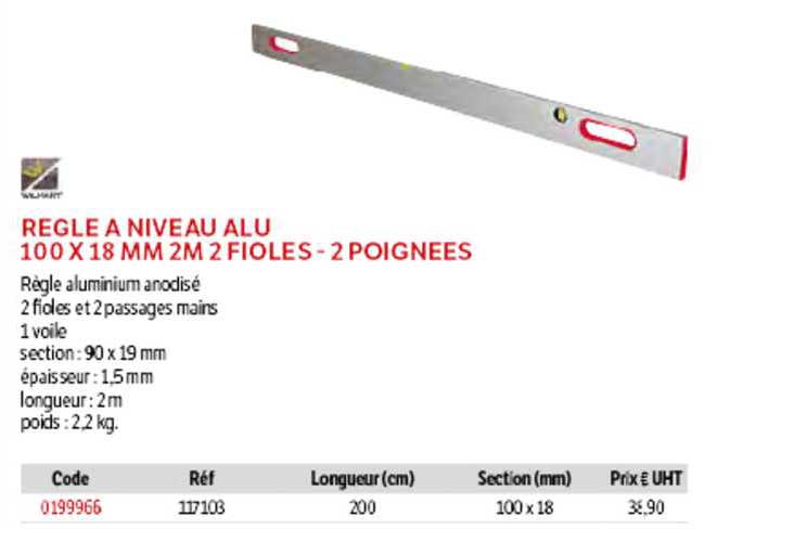 règle à niveau alu 100 x 18 mm 2m 2 fioles - 2 poignées