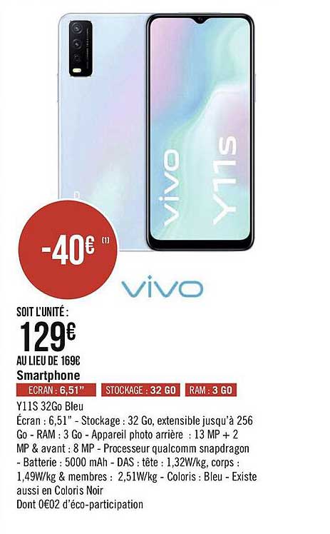 smartphone y11s 32go bleu vivo