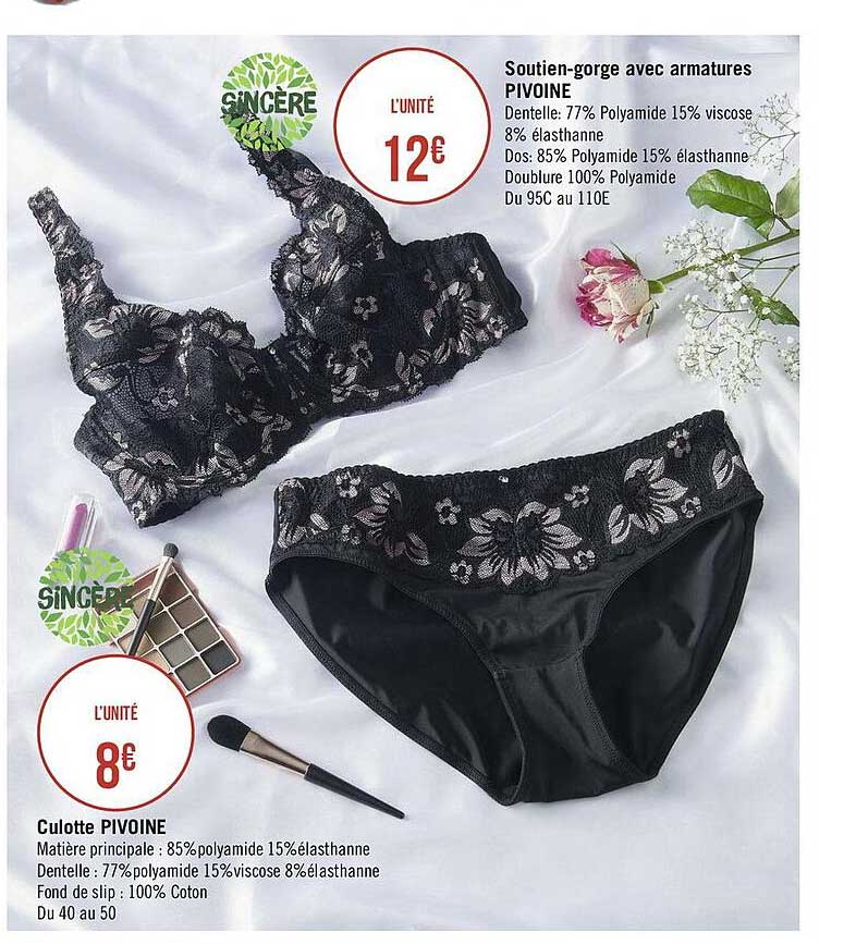 soutien-gorge avec armatures pivoine, culotte pivoine sincère