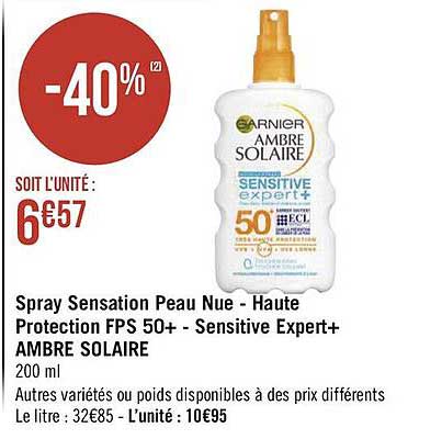 spray sensation peau nue - haute protection fps 50+ sensitive expert+ ambre solaire