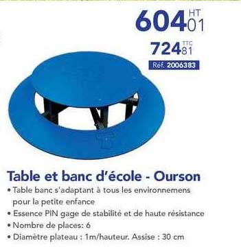 Table et banc d'ecole -Ourson