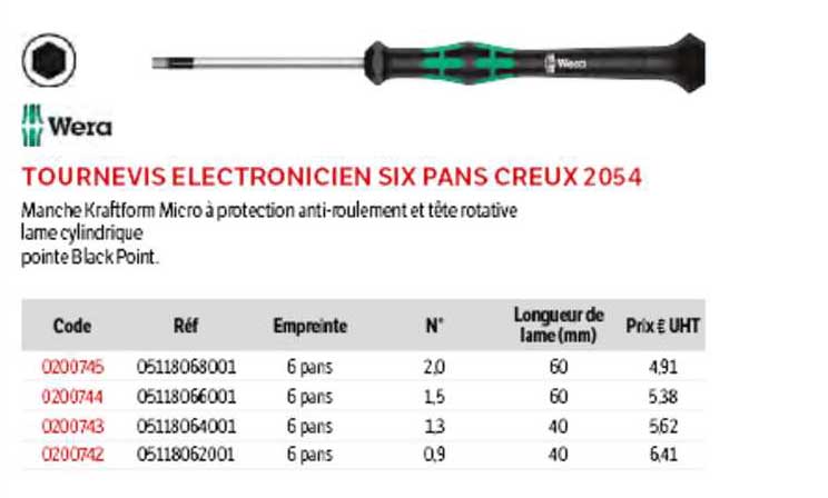 tournevis électronicien six pans creux 2054 wera