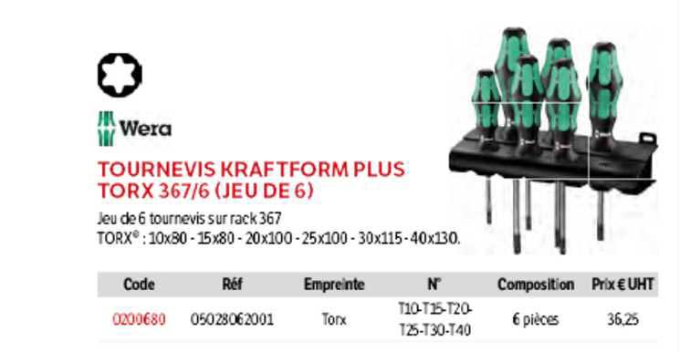 tournevis kraftform plus torx 367-6 (jeu de 6) wera