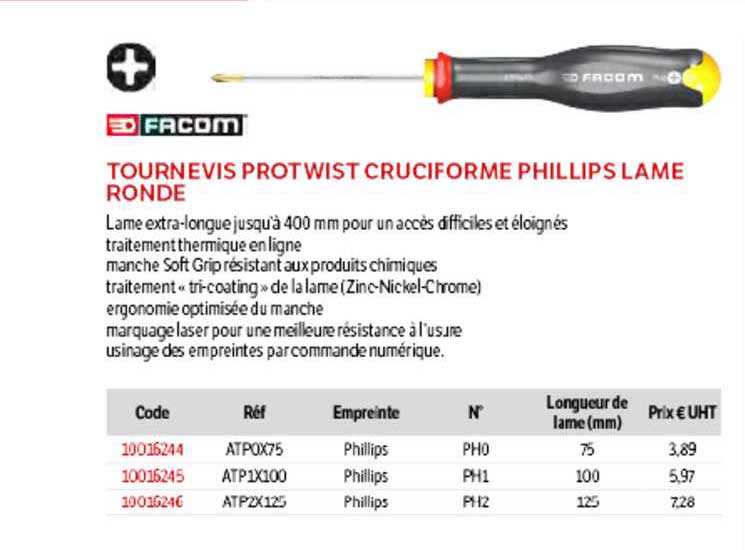 tournevis prot wist cruciforme phillips lame ronde facom