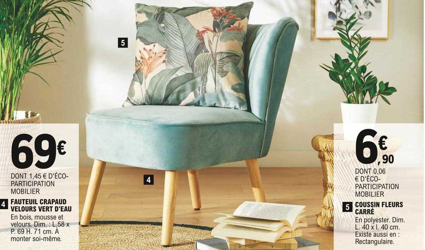 Fauteuil Crapaud Velours Vert D'eau, Coussin Fleurs Carré