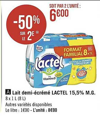 lait demi-écrémé lactel 15,5% m.g.