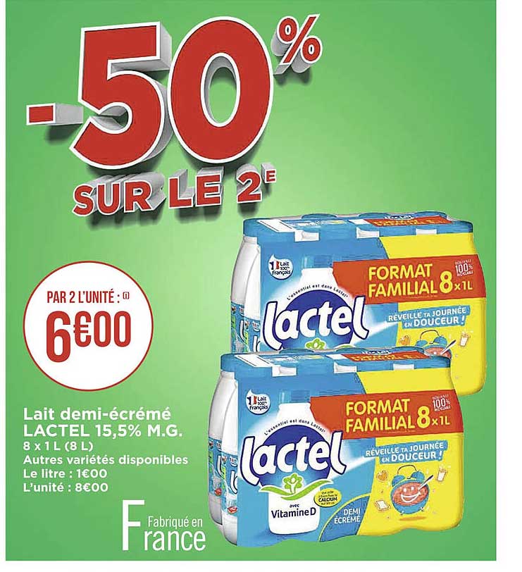 lait demi-écrémé lactel 15,5% m.g.