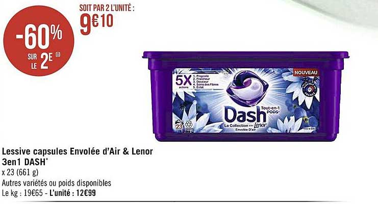 lessive capsules envolée d'air & lenor 3 en 1 dash