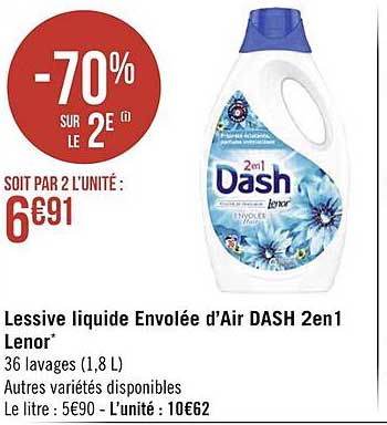 lessive liquide envolée d'air dash 2 en 1 lenor