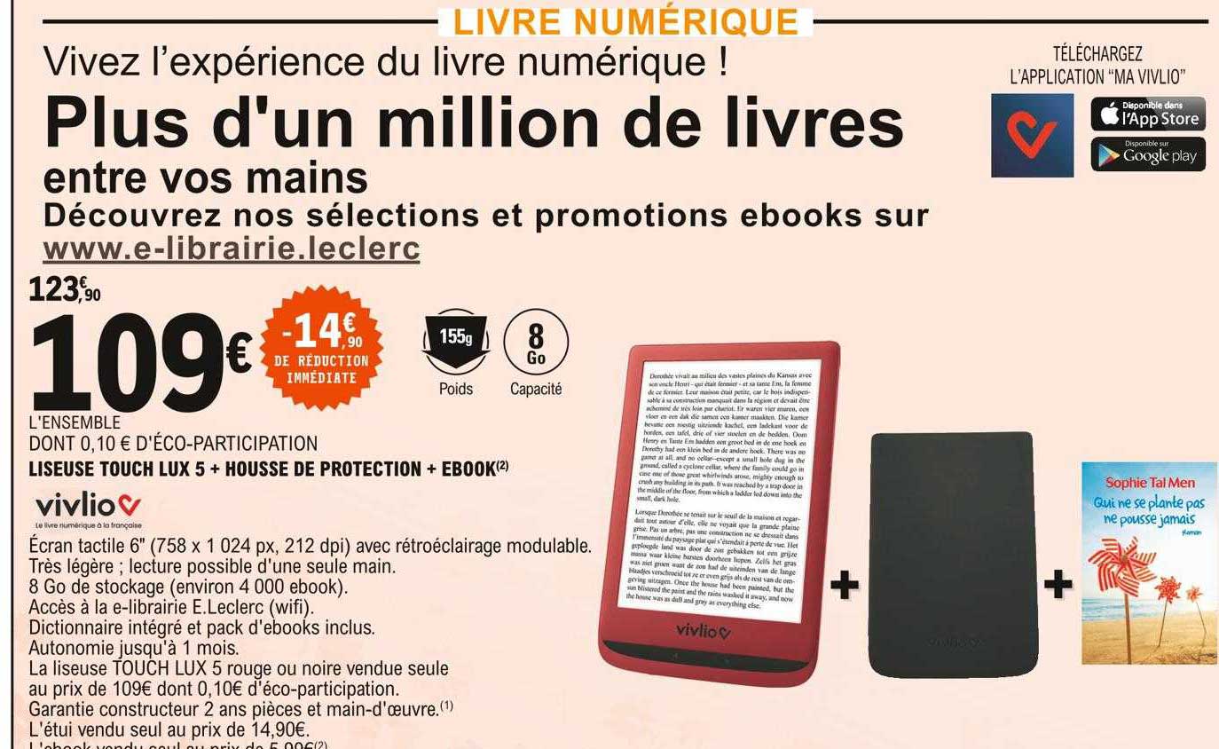 liseuse touch lux 5 + housse de protection + ebook vivlio