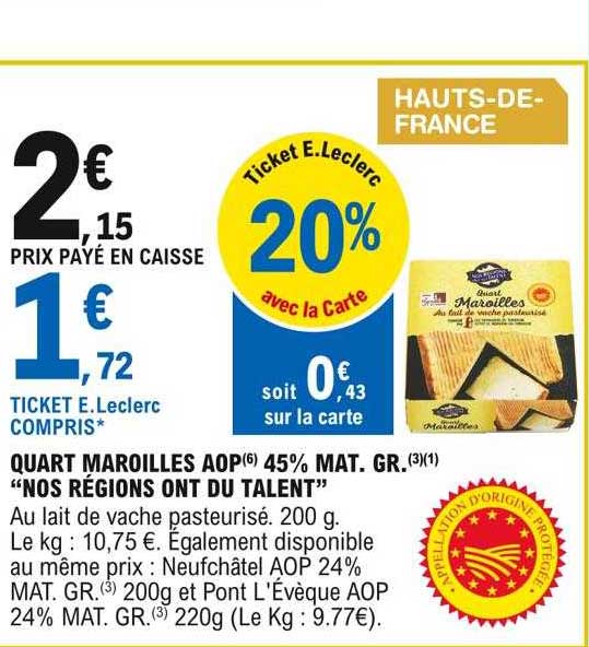quart maroilles aop 45% mat. gr. "nos régions ont du talent"