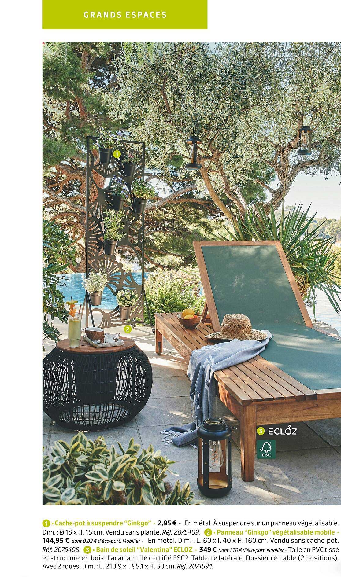 cache-pot à suspendre "ginkgo", panneau "ginkgo" végétalisable mobile, bain de soleil "valentina" ecloz