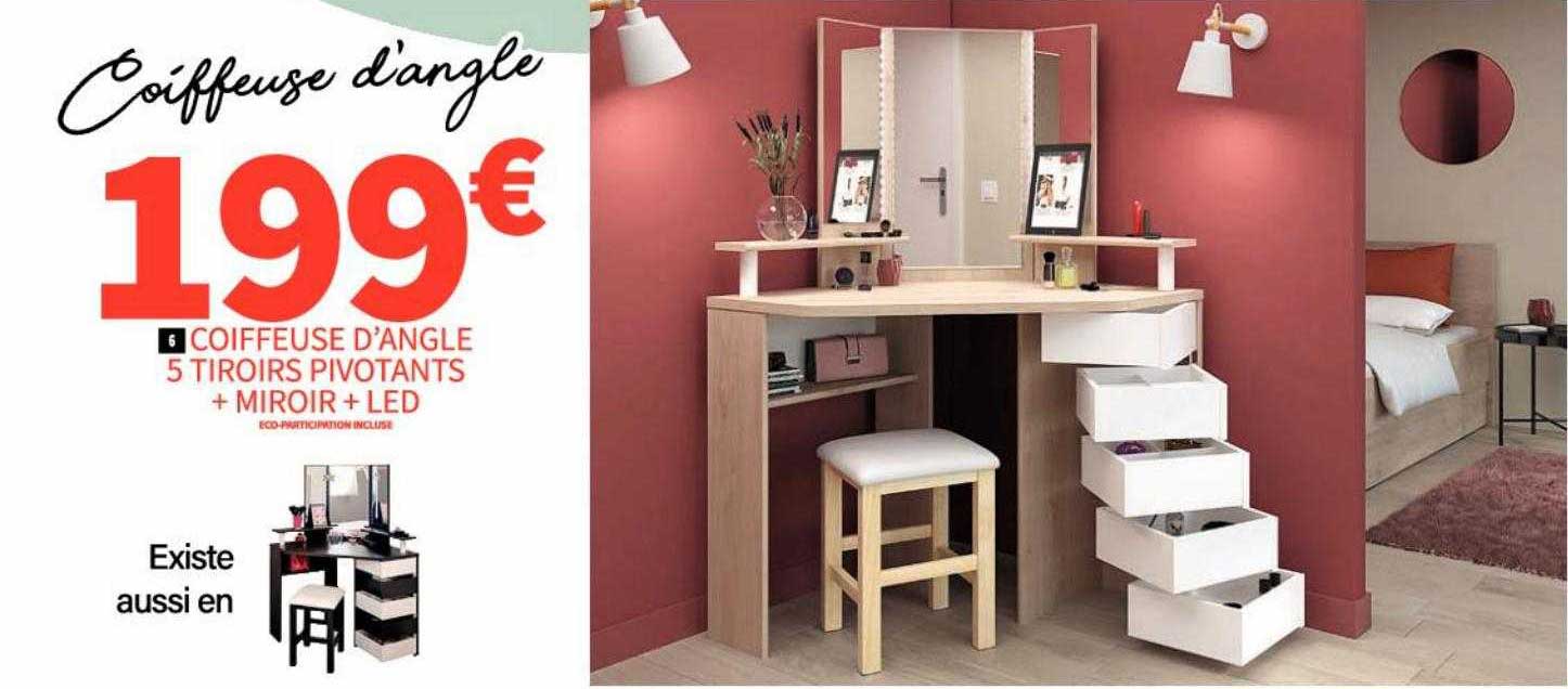 coiffeuse d'angle 5 tiroirs pivotants + miroir + led