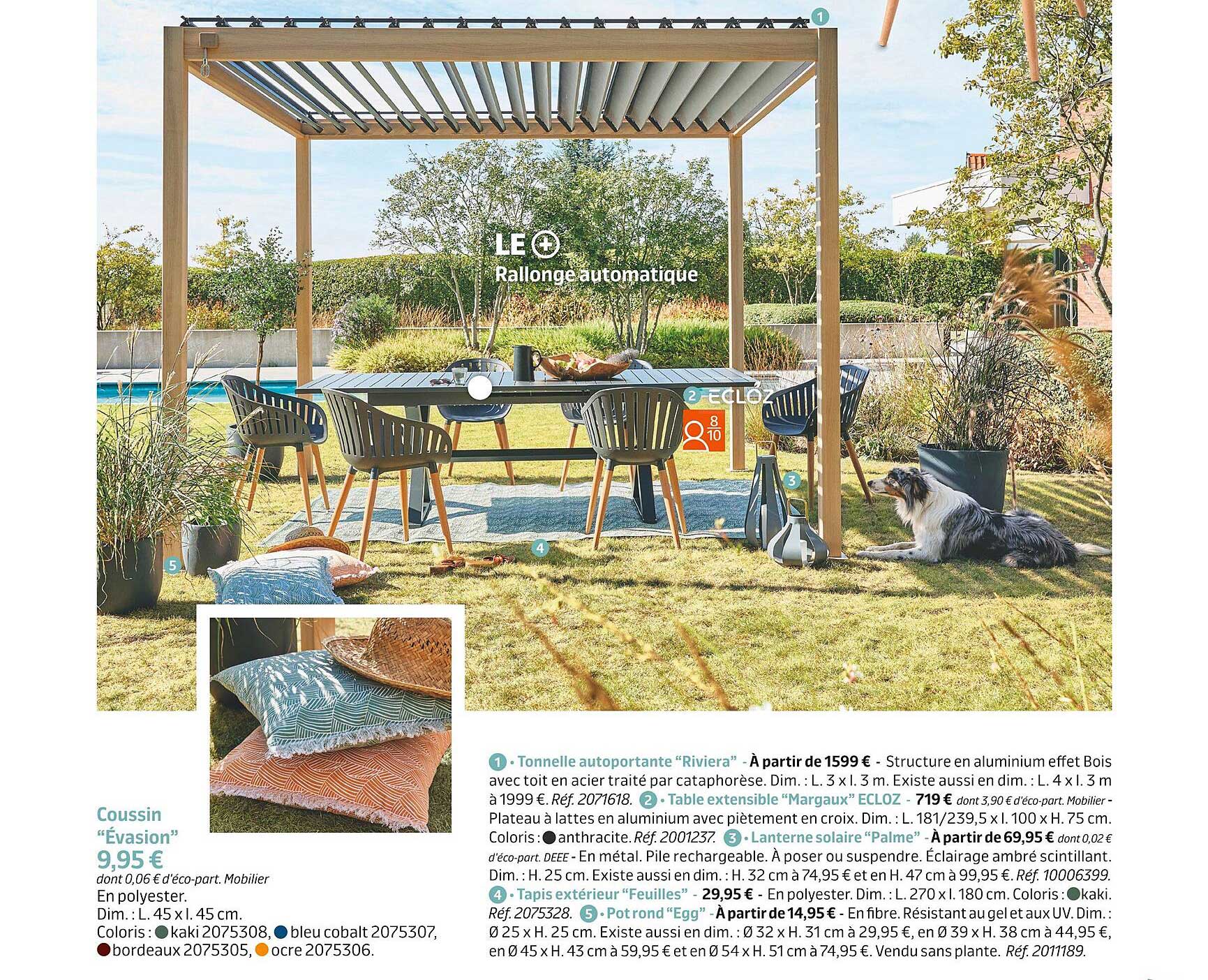 coussin "évasion", tonnelle autoportante "riviera", table extensible "margaux" ecloz, lanterne solaire "palme", tapis extérieur "feuilles", pot rond "egg"