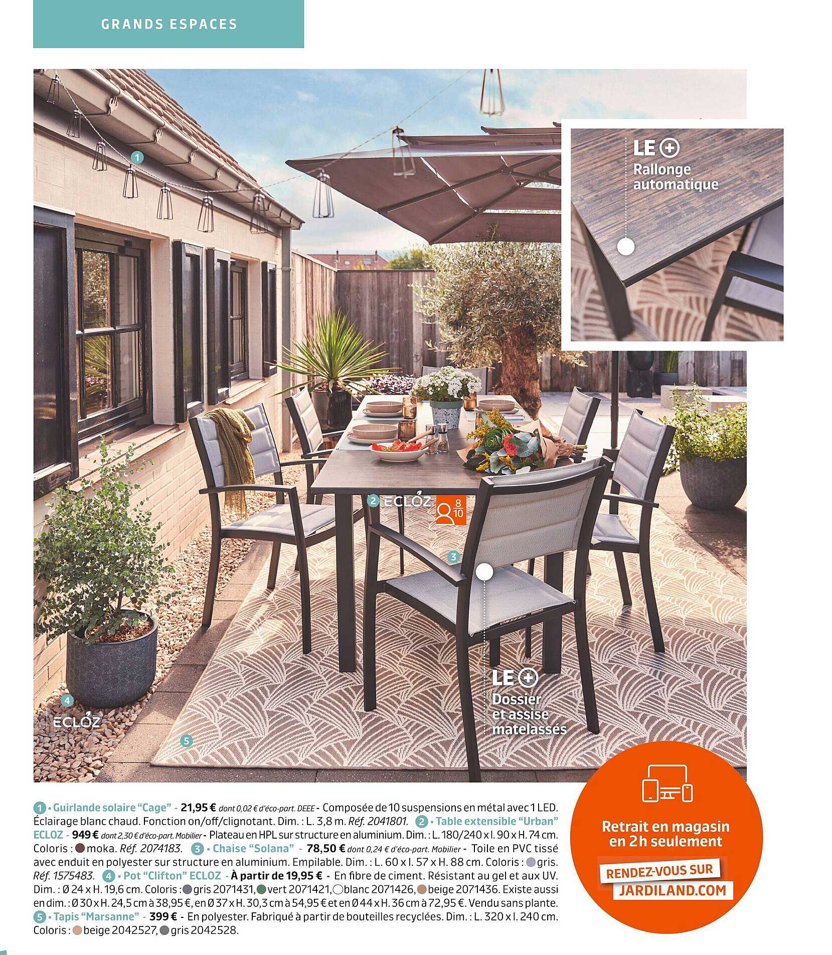 guirlande solaire "cage", table extensible "urban" ecloz, chaise "solana", pot "clifton" ecloz, tapis "marsanne"