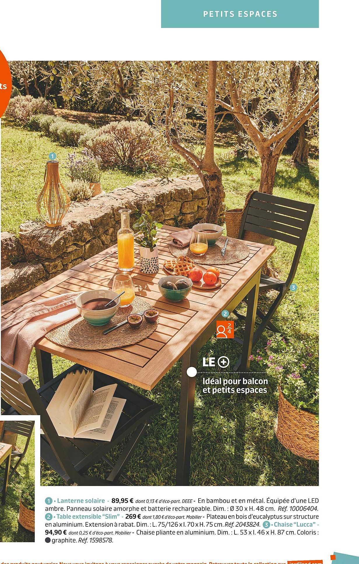 lanterne solaire, table extensible "slim", chaise "lucca"