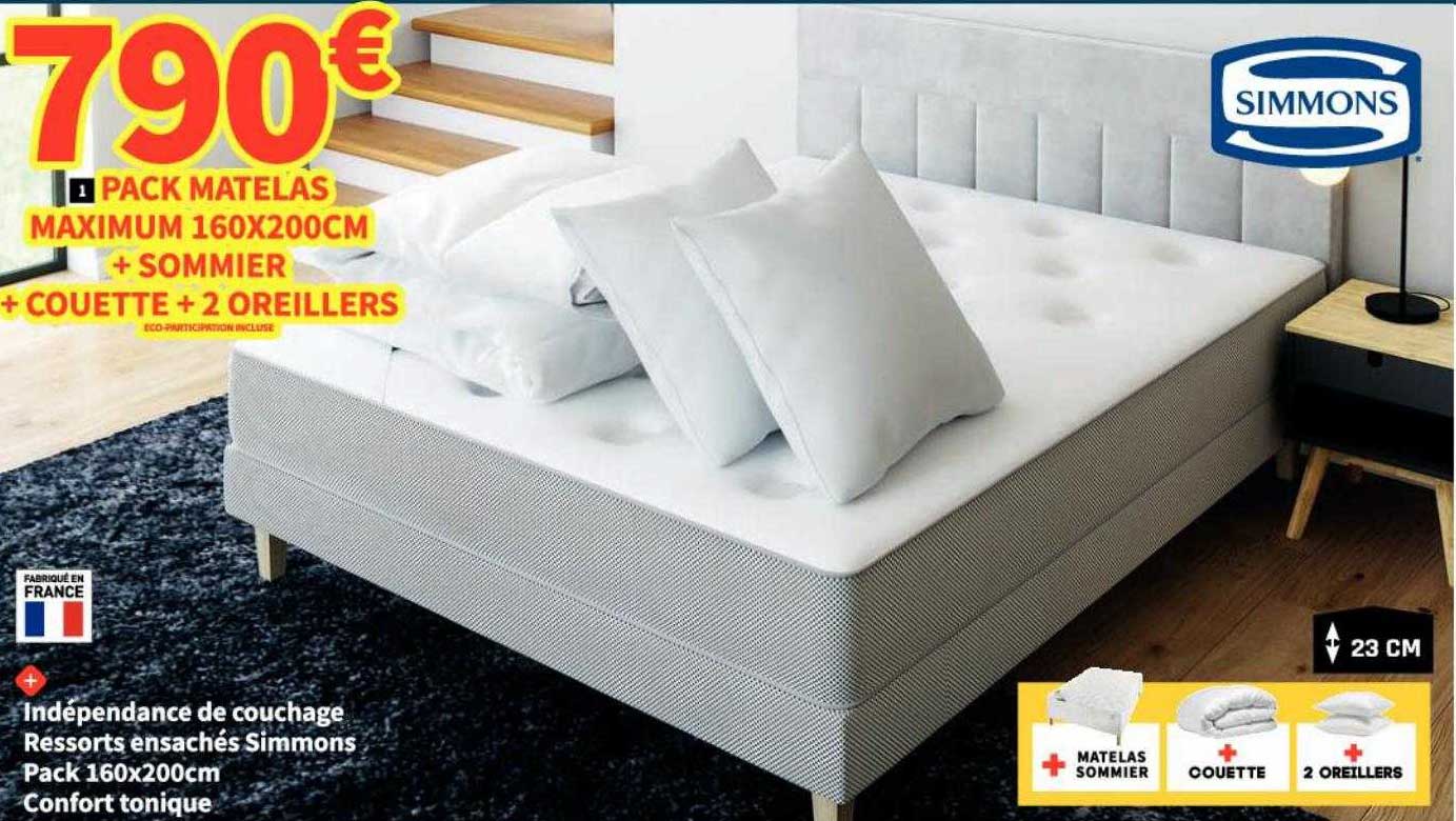 pack matelas maximum 160 x 200 cm + sommier + couette + 2 oreillers simmons