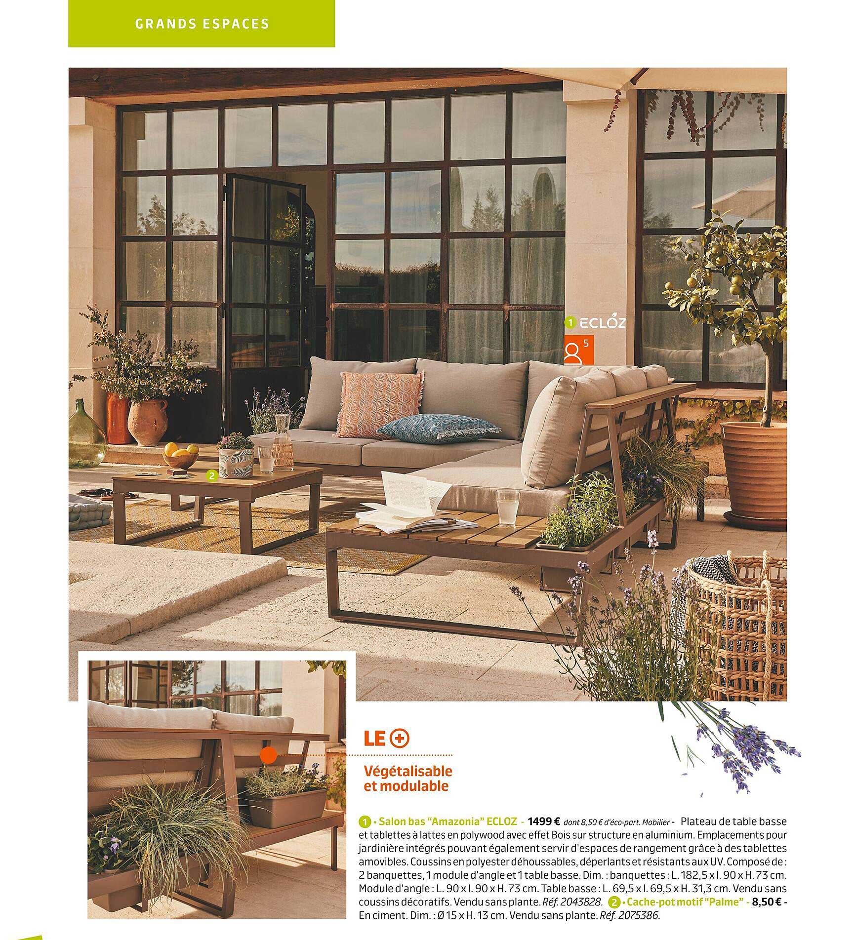 salon bas "amazonia" ecloz, cache-pot motif "palme"