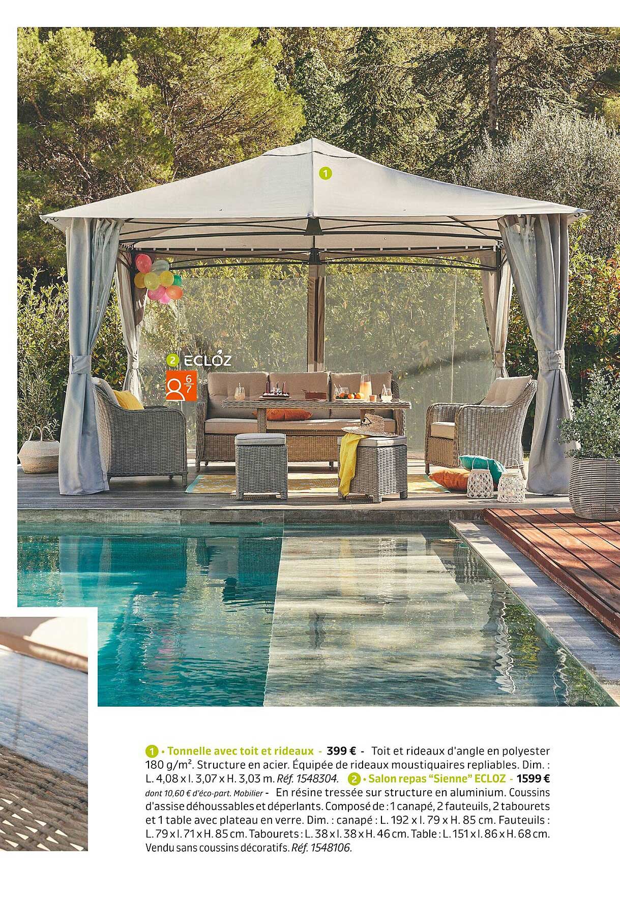 tonnelle avec toit et rideaux, salon repas "sienne" ecloz