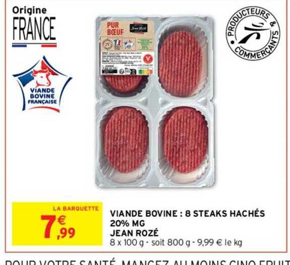 viande bovine : 8 steaks hachés 20% mg jean rozé