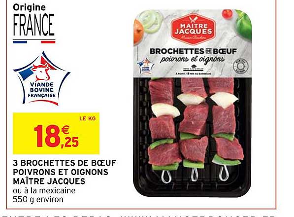 3 brochettes de bœuf poivrons et oignons maître jacques