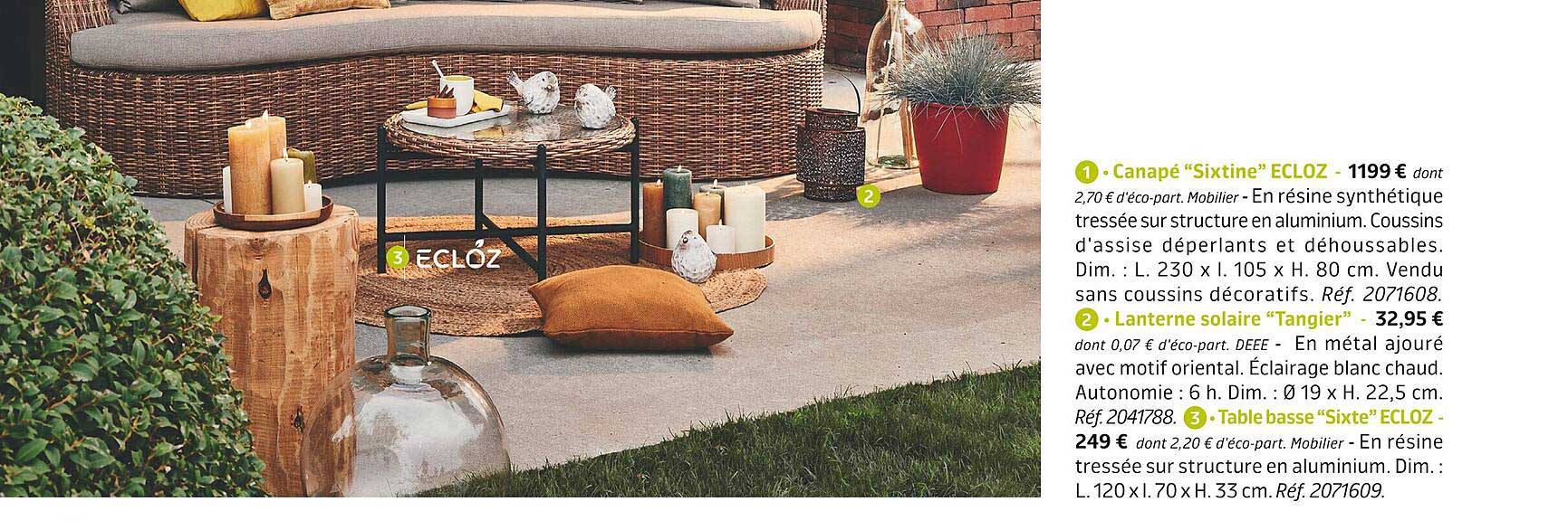 canapé "sixtine" ecloz, lanterne solaire "tangier", table basse "sixte" ecloz