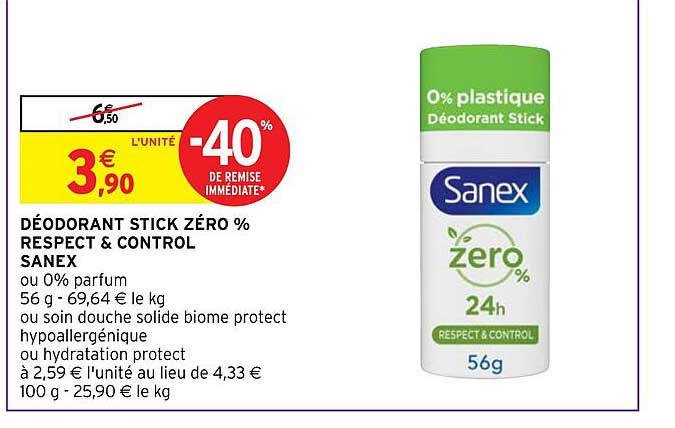 déodorant stick zéro % respect & control sanex