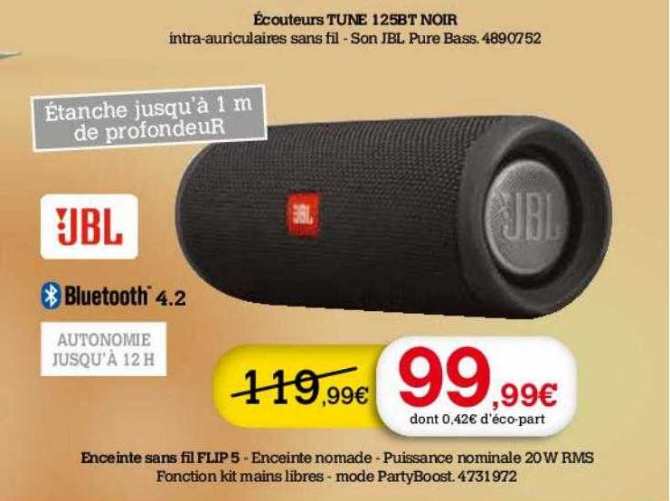 écouteurs tune 125bt noir, enceinte sans fil flip 5 jbl