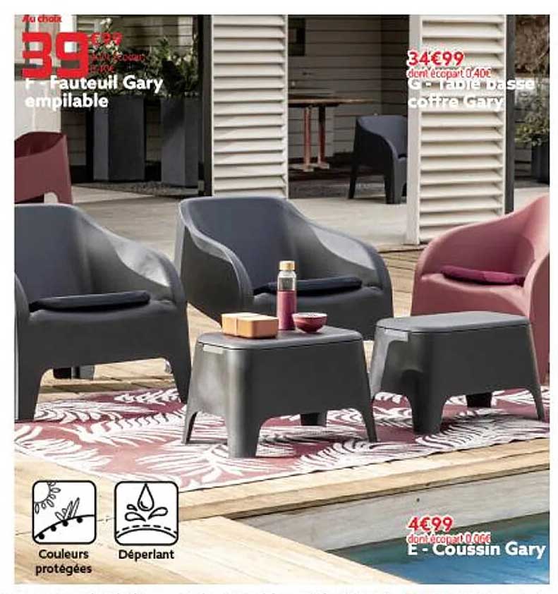 fauteuil gary empilable, table basse coffre gary, coussin gary