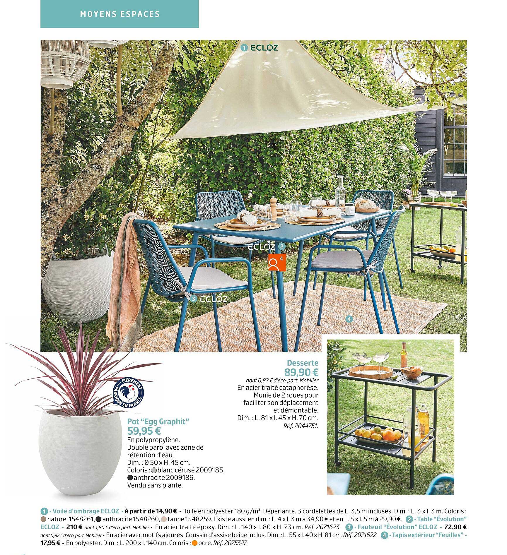 pot "egg graphit", desserte, voile d'ombrage ecloz, table "évolution", fauteuil "évolution" ecloz, tapis extérieur "feuilles"