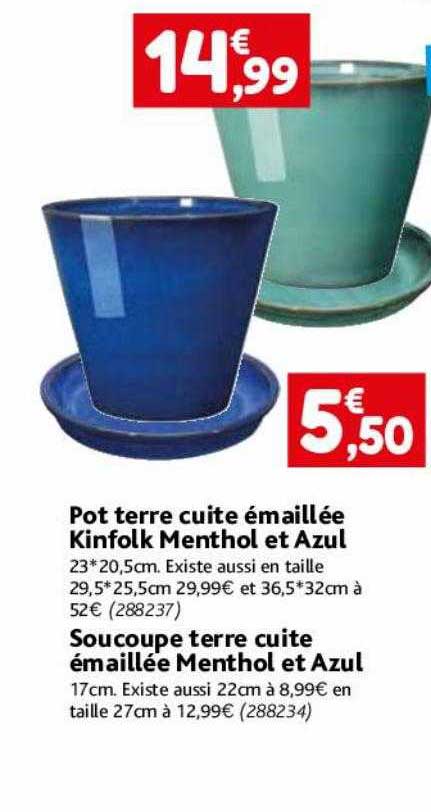 pot terre cuite émaillée kinfolk menthol et azul, soucoupe terre cuite émaillée menthol et azul