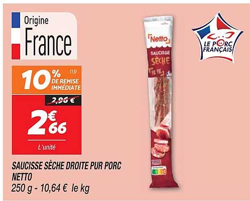 Saucisse Sèche Droite Pur Porc Netto