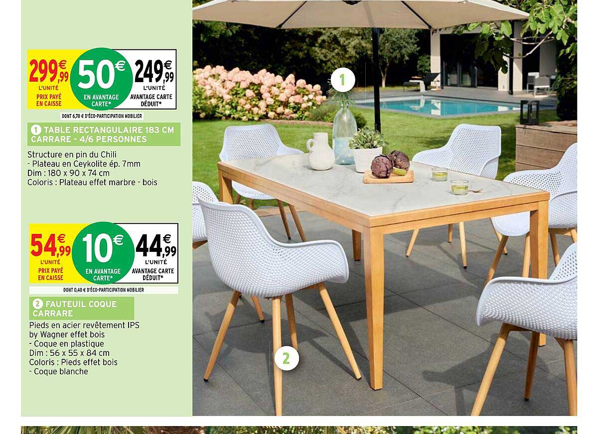 table rectangulaire 183 cm carrare - 4-6 personnes, fauteuil coque carrare