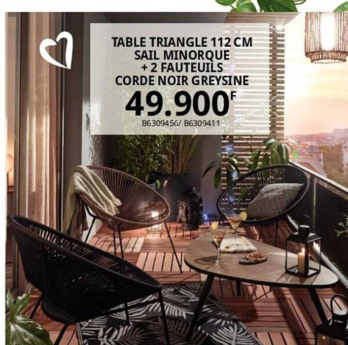 table triangle 112 cm sail minorque + 2 fauteuil corde noire greysine