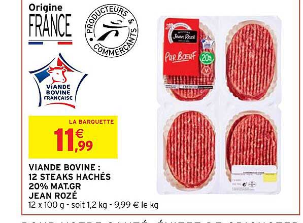 viande bovine : 12 steaks hachés 20% mat.gr. jean rozé