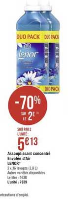 assouplissant concentré envolée d'air lenor -70% sur le 2e