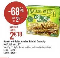 barres céréales avoine & miel crunchy nature valley -68% sur le 2e