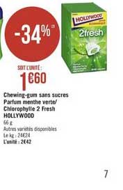 chewing gum sans sucres parfum menthe verte chlorophylle 2 fresh hollywood