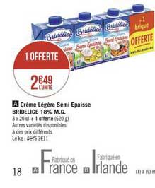 crème légère semi epaisse bridelice 18% m.g. 1 offerte