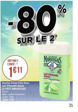 douche crème extra doux lait d'amande douce le petit marseillais -80% sur le 2e