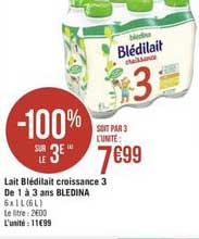 lait blédilait croissance 3 de 1 à 3 ans bledina -100% sur le 3e