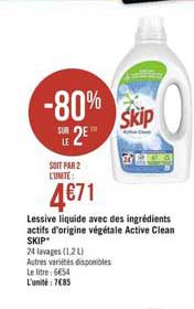 lessive liquide avec ingrédients actifs d'origine végétal active clean skip -80% sur le 2e