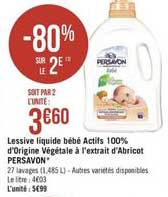 lessive liquide bébé actifs 100% d'origine végétale à l'extrait d'abricot persavon -80% sur le 2e