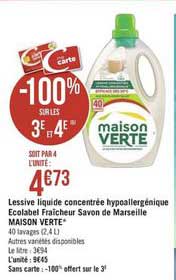 Lessive Liquide Concentrée Hypoallergénique Ecolabel Fraîcheur Savon De Marseille Maison Verte -100% Sur Les 3e Et 4e