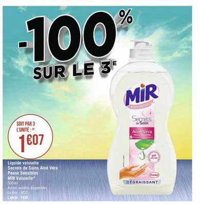 liquide vaisselle secrets de soins aloé véra peaux sensibles mir vaisselle -100% sur le 3e