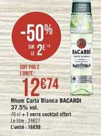 rhum carta blanca bacardi 37.5% vol. -50% sur le 2e