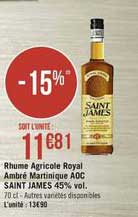 rhume agricole royal ambré martinique aoc saint james 45% vol.