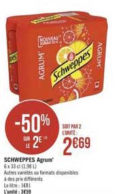 schweppes agrum' -50% sur le 2e