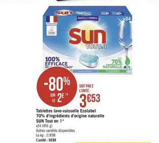 tablettes lave vaisselle ecolabel 70% d'ingrédients d'origine naturelle sun tout en 1 -80% sur le 2e